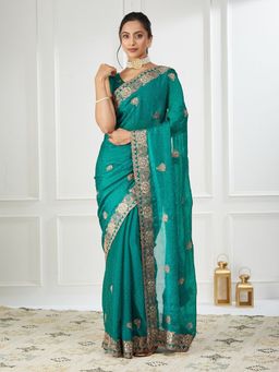 FABMORA - Women Green Chiffon Embroidered Saree with Unstitched Blouse