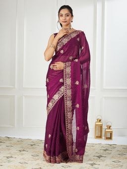 FABMORA - Women Wine Chiffon Embroidered Saree with Unstitched Blouse