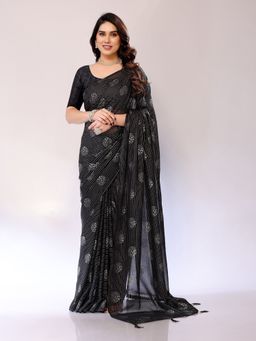 FABMORA - Women Black Georgette Printed Saree with Unstitched Blouse