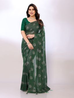 FABMORA - Women Green Georgette Printed Saree with Unstitched Blouse