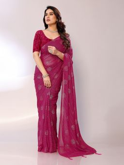 FABMORA - Women Pink Georgette Printed Saree with Unstitched Blouse