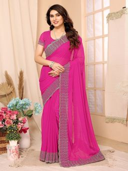 FABMORA - Women Pink Georgette Embellished Saree with Unstitched Blouse