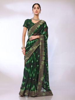 FABMORA - Women Green Georgette Embroidered Saree with Unstitched Blouse