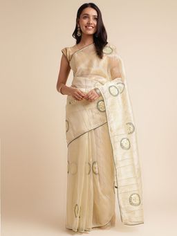 FABMORA - Women Cream Organza Embroidered Saree with Unstitched Blouse