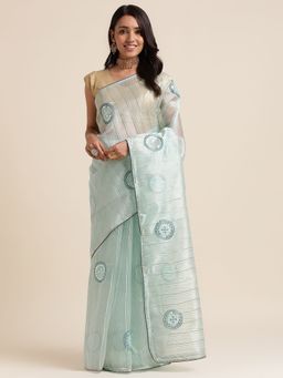 FABMORA - Women Blue Organza Embroidered Saree with Unstitched Blouse