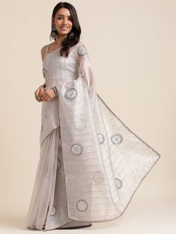 FABMORA - Women Grey Organza Embroidered Saree with Unstitched Blouse