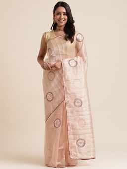 FABMORA - Women Peach Organza Embroidered Saree with Unstitched Blouse