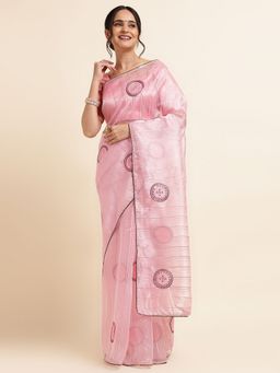 FABMORA - Women Pink Organza Embroidered Saree with Unstitched Blouse