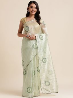 FABMORA - Women Green Organza Embroidered Saree with Unstitched Blouse