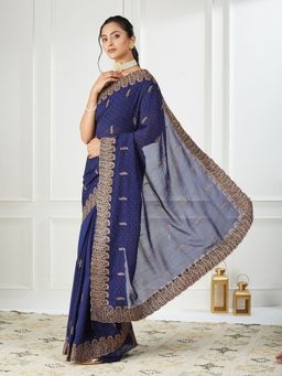 FABMORA - Women Blue Satin Embroidered Saree with Unstitched Blouse