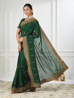 FABMORA - Women Green Satin Embroidered Saree with Unstitched Blouse