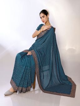FABMORA - Women Teal Silk Blend Embellished Saree with Unstitched Blouse