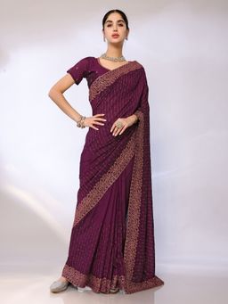 FABMORA - Women Wine Silk Blend Embellished Saree with Unstitched Blouse