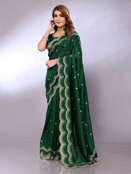 FABMORA - Women Green Silk Blend Embellished Saree with Unstitched Blouse