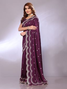 FABMORA - Women Wine Silk Blend Embellished Saree with Unstitched Blouse