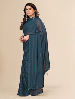 FABMORA - Women Blue Chiffon Stripes Printed Pre-Drape Saree with Unstitched Blouse