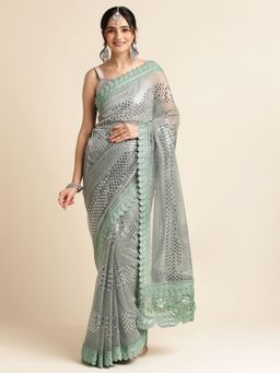 FABMORA - Women Green Polyester Embellished Saree with Unstitched Blouse