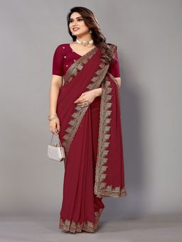 FABMORA - Women Maroon Georgette Embroidered Saree with Unstitched Blouse