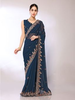 FABMORA - Women Teal Georgette Embroidered Saree with Unstitched Blouse