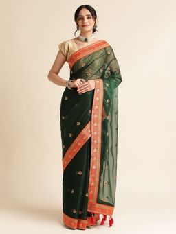 FABMORA - Women Green Chiffon Embroidered Saree with Unstitched Blouse