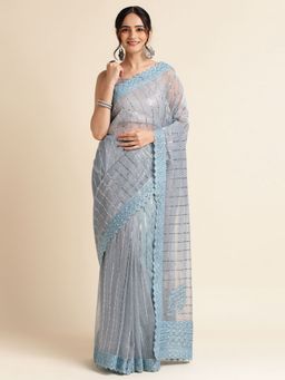 FABMORA - Women Blue Polyester Embellished Saree with Unstitched Blouse
