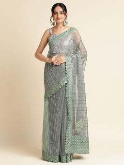 FABMORA - Women Green Polyester Embellished Saree with Unstitched Blouse
