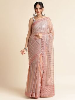 FABMORA - Women Pink Polyester Embellished Saree with Unstitched Blouse