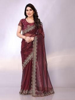 FABMORA - Women Maroon Organza Embroidered Saree with Unstitched Blouse