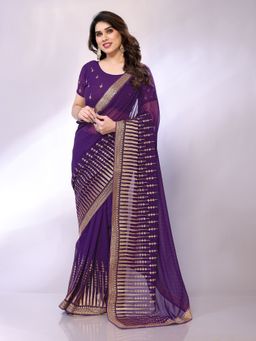 FABMORA - Women Purple Georgette Embroidered Saree with Unstitched Blouse