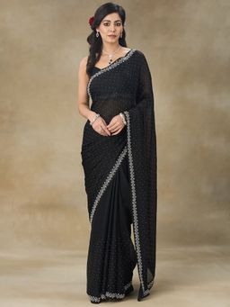FABMORA - Women Black Satin Embellished Saree with Unstitched Blouse