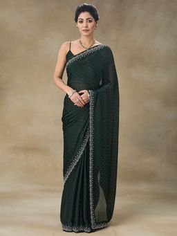 FABMORA - Women Green Satin Embellished Saree with Unstitched Blouse
