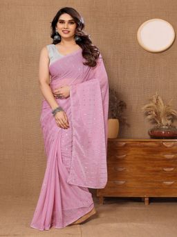 FABMORA - Women Pink Lycra Embellished Pre-Drape Saree with Unstitched Blouse
