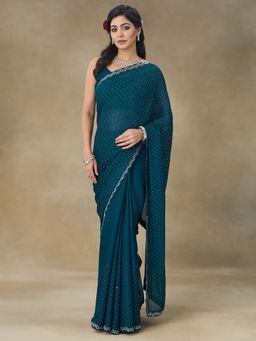 FABMORA - Women Teal Satin Embellished Saree with Unstitched Blouse