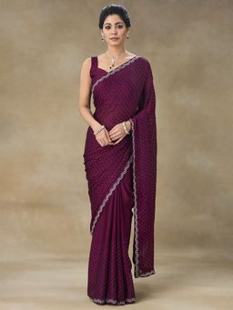 FABMORA - Women Wine Satin Embellished Saree with Unstitched Blouse