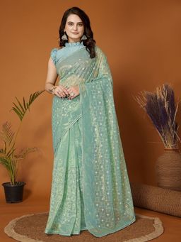 FABMORA - Women Green Net Embroidered Saree with Unstitched Blouse