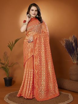 FABMORA - Women Orange Net Embroidered Saree with Unstitched Blouse