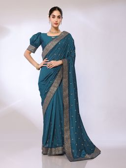 FABMORA - Women Teal Silk Blend Embroidered Saree with Unstitched Blouse