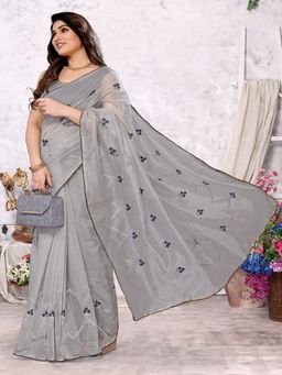 FABMORA - Women Grey Net Embroidered Saree with Unstitched Blouse