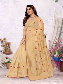 FABMORA - Women Yellow Net Embroidered Saree with Unstitched Blouse