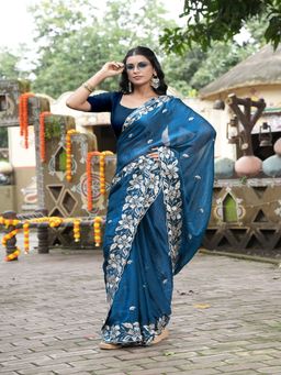 FABMORA - Women Blue Silk Blend Embroidered Saree with Unstitched Blouse