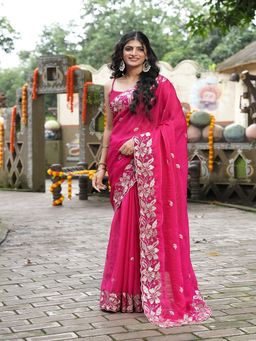 FABMORA - Women Pink Silk Blend Embroidered Saree with Unstitched Blouse