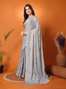 FABMORA - Women Grey Chiffon Embroidered Saree with Unstitched Blouse
