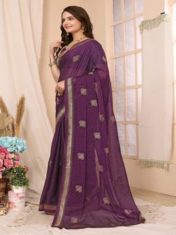 FABMORA - Women Purple Chiffon Embroidered Saree with Unstitched Blouse