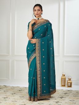 FABMORA - Women Teal Silk Blend Embroidered Saree with Unstitched Blouse