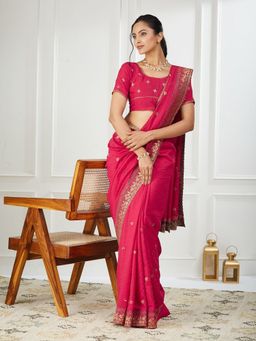 FABMORA - Women Pink Silk Blend Embroidered Saree with Unstitched Blouse