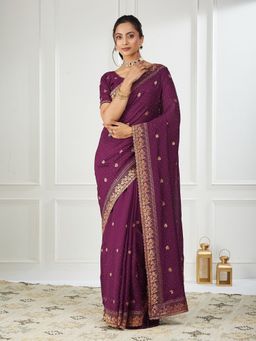FABMORA - Women Wine Silk Blend Embroidered Saree with Unstitched Blouse