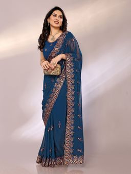 FABMORA - Women Teal Georgette Embroidered Saree with Unstitched Blouse