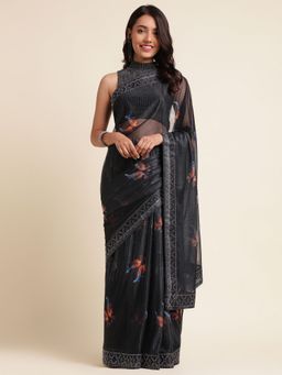 FABMORA - Women Black Lycra Floral Printed Saree with Unstitched Blouse
