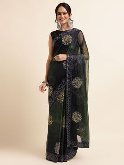FABMORA - Women Black Lycra Floral Printed Saree with Unstitched Blouse
