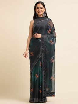 FABMORA - Women Green Lycra Floral Printed Saree with Unstitched Blouse